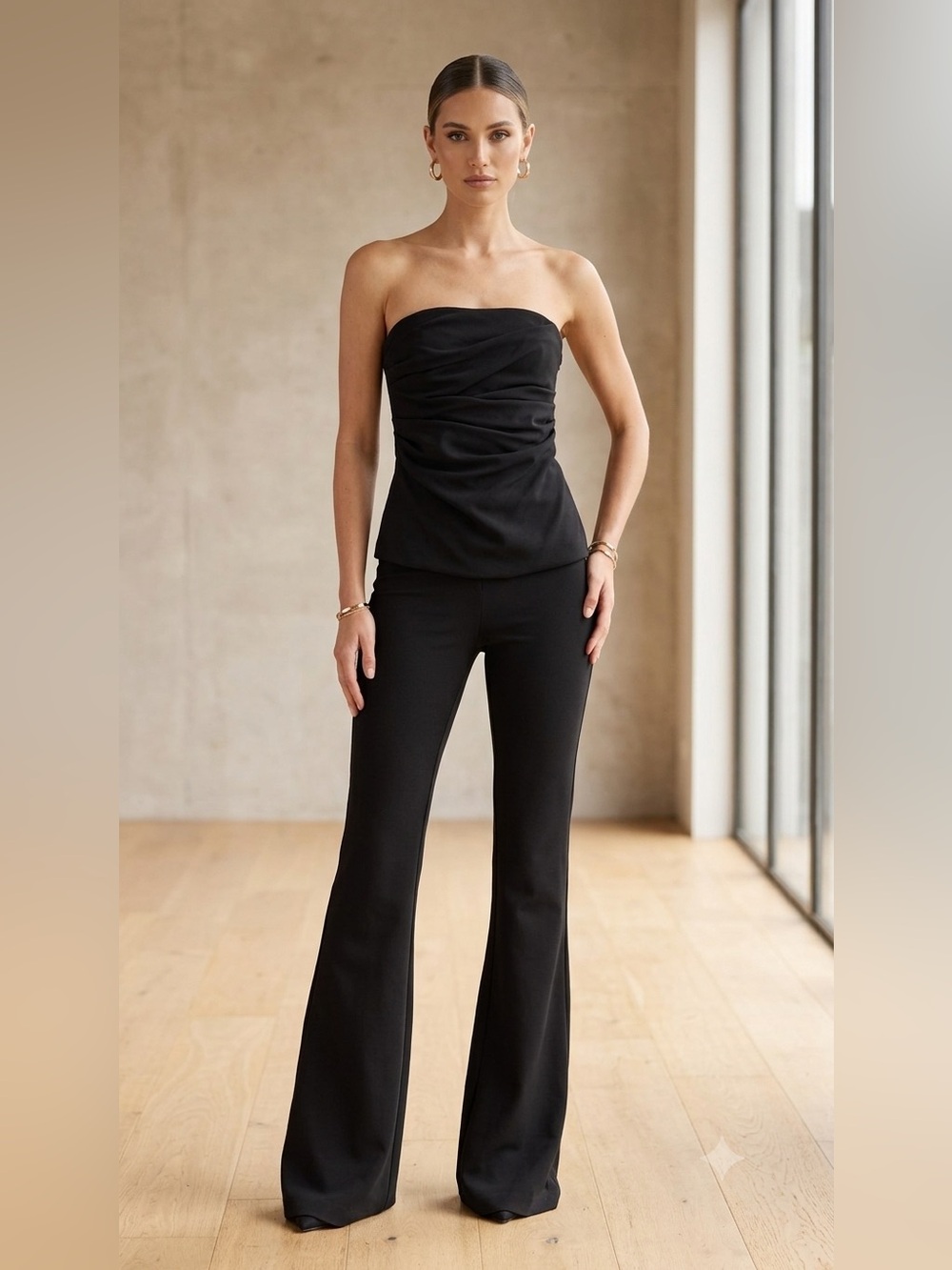 MISHA Bronte Black Strapless Ruched Flare Leg Jumpsuit Size M EU 38 $424 RRP